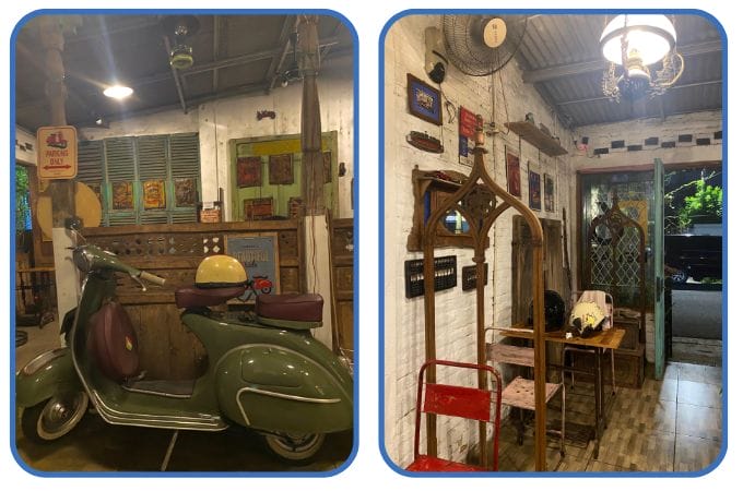 [FOTO PLACEHOLDER 03 — Detail close up meja mesin jahit, Vespa jadul, atau kursi anyaman sebagai focal point]