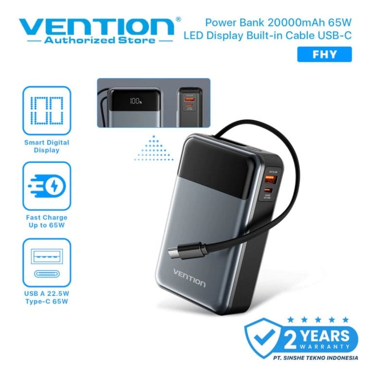 1. Vention Travel Powerbank Built in Cable USB Type C 20000mAh